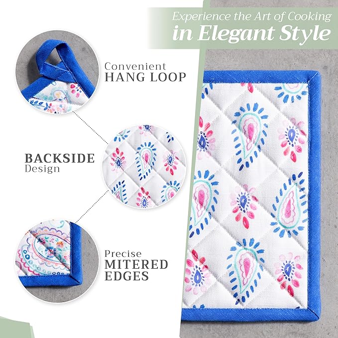 Maison d' Hermine Pot Holders 100% Cotton Heat Resistant Potholders 8" x 8" Hot Pads with Loop BBQ Cooking Baking Gifts for Mothers Day Handling Hot Pans Spring/Summer (Pack of 2, Indian Floral)