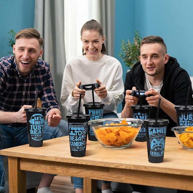 Kochorie 24 Pieces Video Game Plastic Cups 24 Ounces Gaming Party Cups with Lids and Straws Black Blue Video Game Tumbler Cups for Birthday Party Video Game Party Supplies Tableware