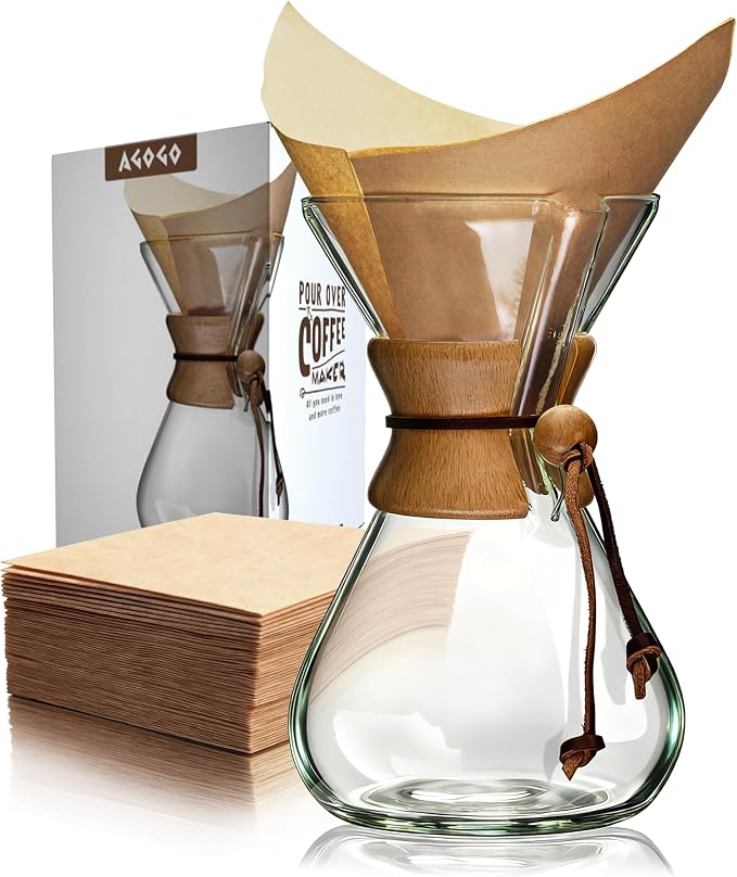 AGOGO Pour Over Coffee Maker Glass with 50pcs Paper Filters -for Home, Office, Camping, Cafes - Easy Clean Coffee Dripper Set (Soft Towel&Brush)(40oz Classic w/Paper Filters)