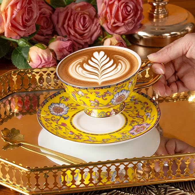 KAMMAK Tea Cups and Saucers Set of 2, Porcelain Coffee Cups, Stackable Espresso Mugs, Ceramic Demitasse for Coffee, Cappuccino, Latte, Americano, Tea, Full Bloom Yellow