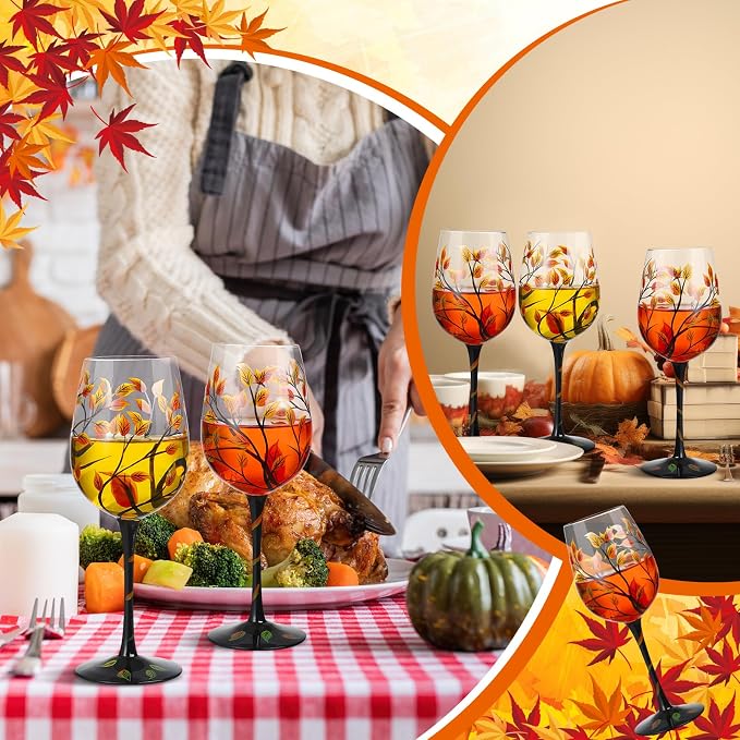 SiliFine 4 Pcs Autumn Fall Leaves Theme Party Stemmed Wine Glasses Hand Painted Drinking Cup Wine Glasses Gifts for Birthday Theme Holiday Party Supplies