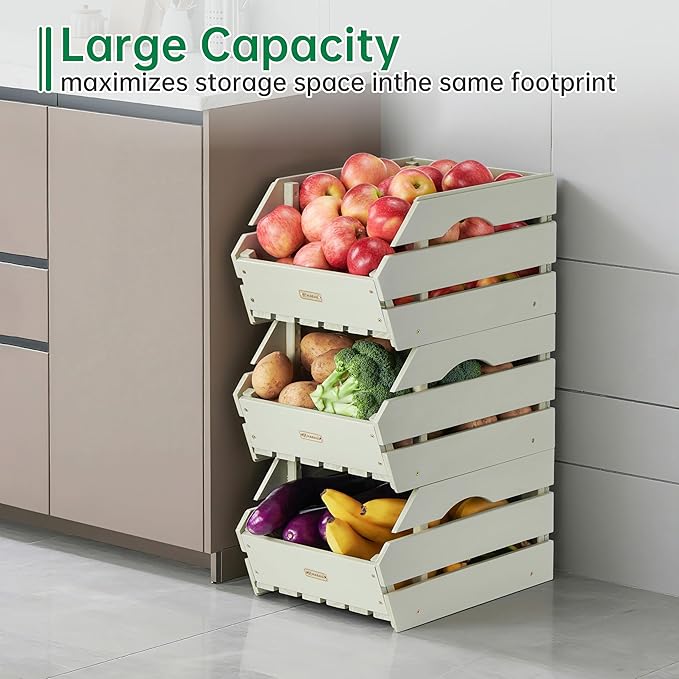 HABAU Wood Potato Onion Storage Bins - Wooden Stackable Produce Basket - Fruit Vegetable Storage for Kitchen Pantry Organization, Set 3 Pieces