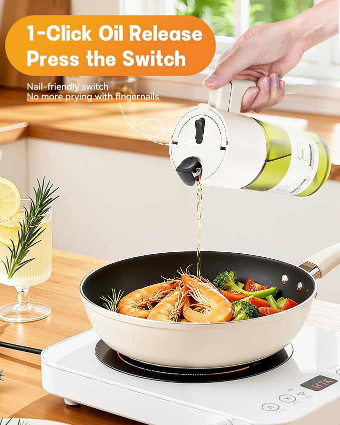 OURCABECUE Upgrade 2 in 1 Oil Sprayer for Cooking, 17oz Light-Blocking Glass Olive Oil Dispenser Bottle for Kitchen,Food-Grade Oil Mister with 8 Stickers for Salad, Frying (Green Bottle-White Gap)