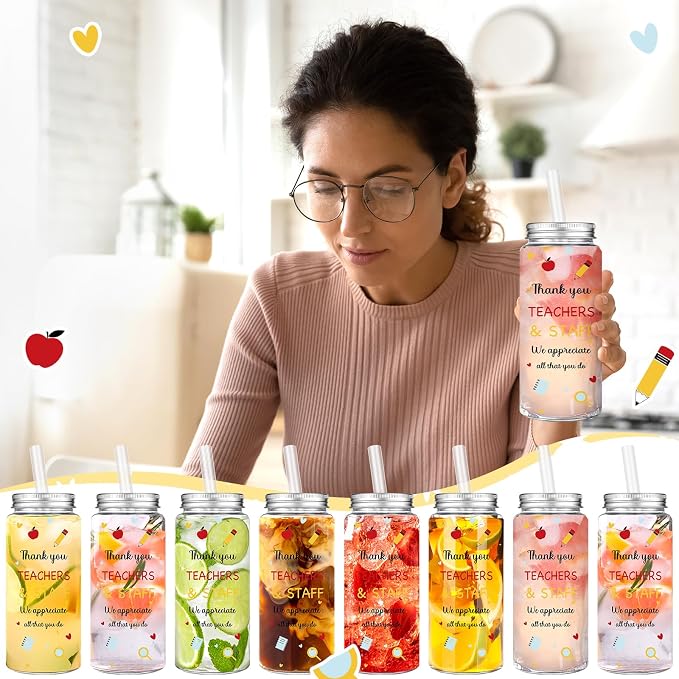Skylety 24 Pcs Back to School Gift Bulk Teacher and Staff Appreciation Cup 14 oz Thank You Cups Plastic Cups with Lid and Straw for School Teacher Staff Office Classroom Party Favor Supplies