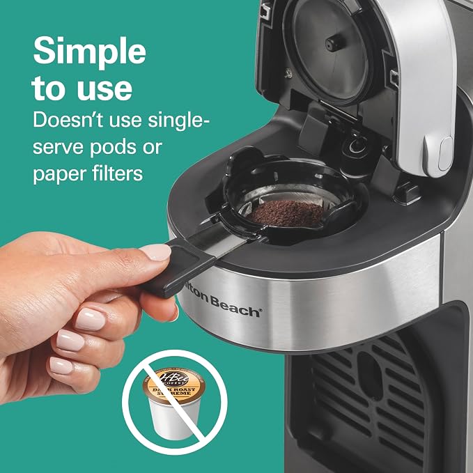 Hamilton Beach The Scoop Single Serve Coffee Maker & Fast Grounds Brewer for 8-14oz. Cups, Brews in Minutes, 40oz. Removable Reservoir, Stainless Steel (49987),Silver | 8-14oz. Cups | Brews in Minutes | 40oz. Removable Reservoir | Stainless Steel & Sil...