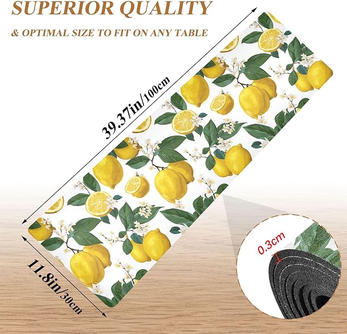 2 in 1 Table Runner Trivet for Hot Pots and Pans Heat Resistant Non Slip Waterproof 39 x 12 Inch Decorative Table Protector for Kitchen Countertop Lemon Branch Flower