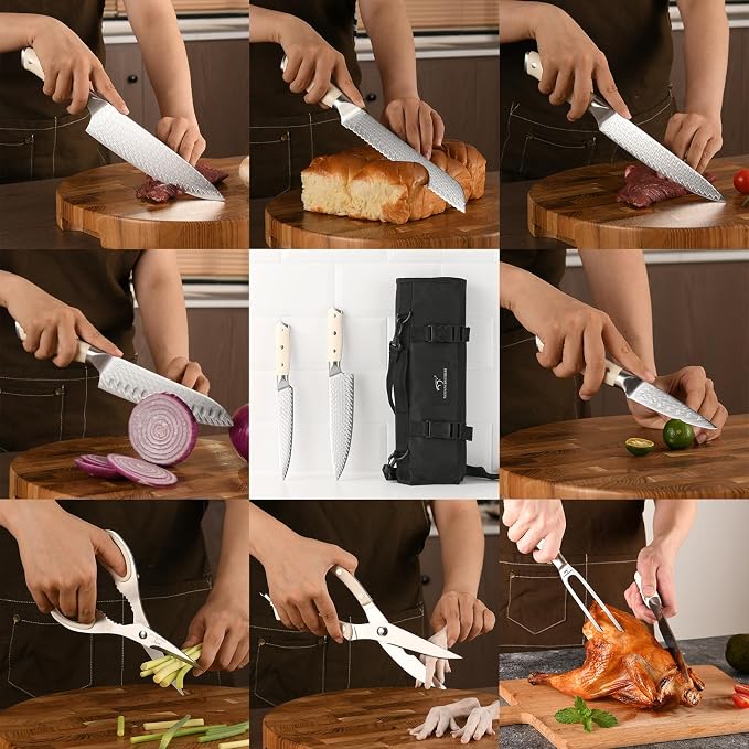 NANFANG BROTHERS 9-Piece Damascus Steel Chef Knife Set with Roll Bag VG10 Core Camping & Travel Kit, Blade Guards, Carving Fork & Apron Included (Portable for Outdoor/Home)