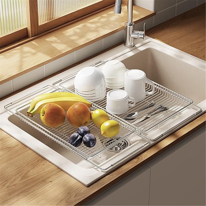 Expandable Dish Drying Rack Stainless Steel, Dish Drainer Over the Kitchen Sink, Dish Rack Vegetables and Fruits Strainer(Large)