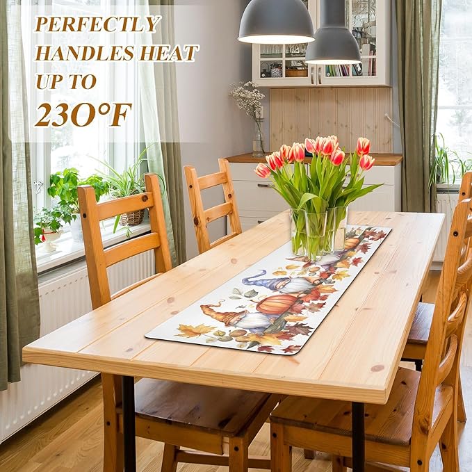Thanksgiving Gnomes Pumpkins Autumn Leaves Trivet Table Runner 40 Inches Long Trivet for Hot Pots and Pans/Hot Dishes,Table Protector Heat Up to 230F, Decorative Hot Plates Mat for Kitchen Countertop