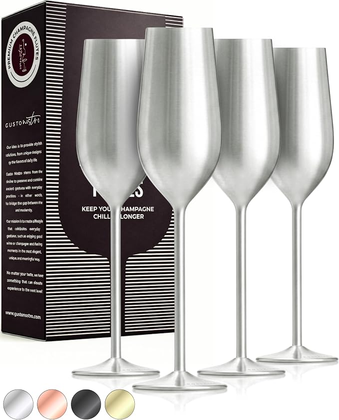 Gusto Nostro Stainless Steel Champagne Flutes Set of 4 (Silver) Unique, Unbreakable, Colorful Metal Champagne Glasses - Modern Toasting Flutes - Luxury Wedding Gifts for Couple - Wedding Registry Idea