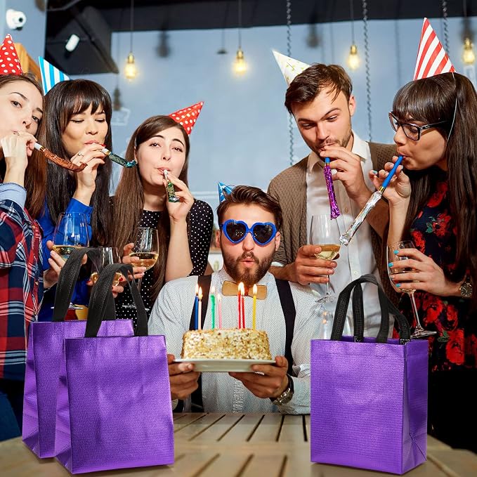Eccliy Reusable Gift Bags Set Glossy Grocery Gift Tote Bag with Handle for Wedding, Bridal Shower, 4th of July, Summer Event(10 x 8 x 4.7 Inch,Purple with Black Handles,80 Pcs)