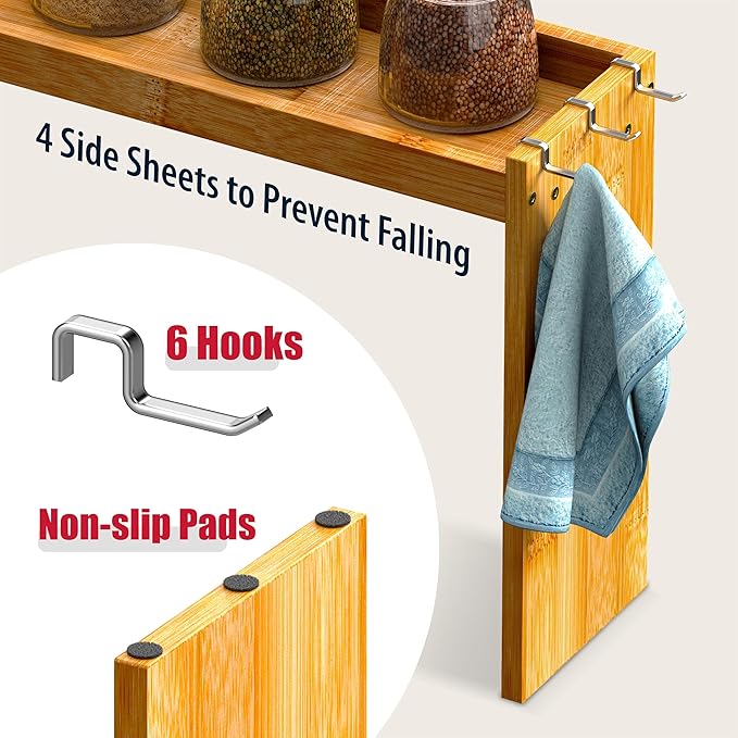 Mount Walker Bamboo Over the Stove Spice Rack, Stove Shelf with 6 Hooks for Back of Stove, 31.5" Kitchen Counter Shelf, Heat-Resistant, Kitchen Countertop Shelf for Spice Organization