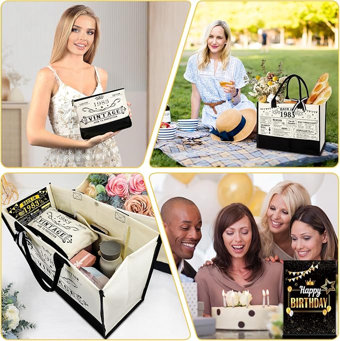 YeohJoy 43rd Birthday Gifts for Women Canvas Tote Bag Travel Gear, Unique 43 Years Old Birthday Gifts for Mom Aunt Friends Wife Sister Her, Vintage 1983 Handbag & Cosmetic Bag & Back in 1983 Poster