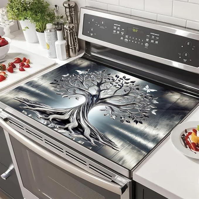 HOMETITUTE Diatomite Tree of Life Stove Top Cover for Electric Stove Butterfly Dish Drying Mat 28x20 Inch Kitchen Protector Heat Resistant Pad Coffee Mat