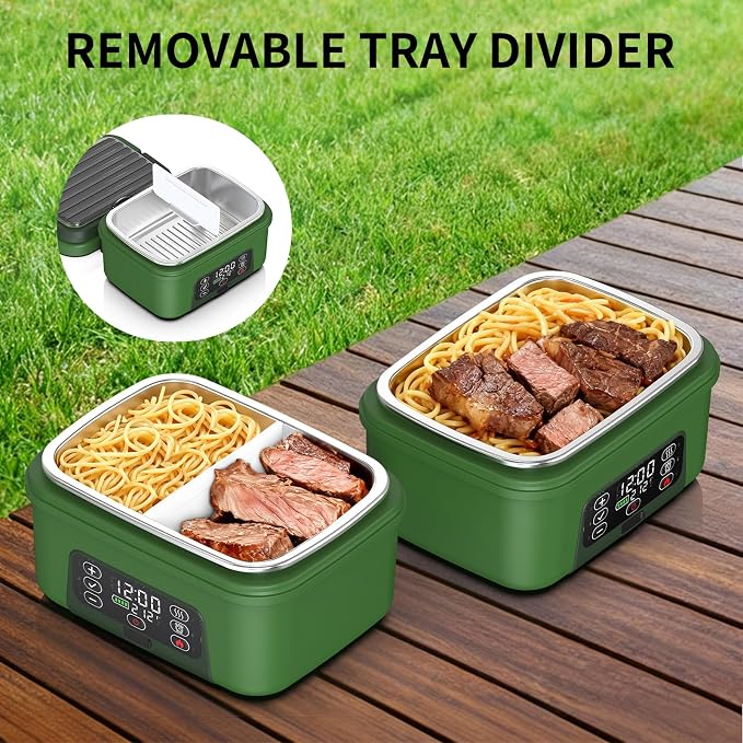 Cordless Electric Heated Lunch Box, 1.5L - 6.3 Cups 100W Rechargeable Smart Self-Heating Food Warmer with Removable Divider, Spoon, Fork, BPA Free, Portable Lunchbox for Car Travel Office Deep Green
