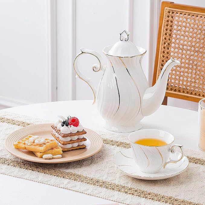 Agyiuns Tea Cups Set Of 6, Tea Cup And Saucer Set,6oz for Tea,Coffee, Latte, Cafe Mocha, Porcelain Tea Party Set (White with gold thread set of 6)