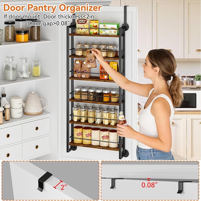 IBUYKE 6 Tier Over The Door Pantry Organizer,Wall Mounted Spice Rack,Door Hanging or Wall,Adjustable Hanging Storage Shelves,Spice Organization for Kitchen cabinet,Bathroom,Closet,Brown UTLJ028H