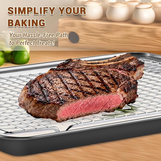 BEWOS Baking Sheet Pans With Racks Set - Including 17.6 × 12 × 1.26 Inch Carbon Steel Baking Sheet, Set of 106 (3 Sheets + 3 Cooling Racks + 100 Parchment Paper), Nonstick Bakeware sets for Baking