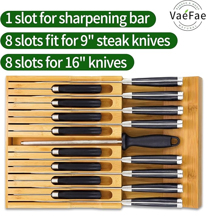 VaeFae Bamboo Silverware Drawer Organizer and Bamboo Knife Drawer Organizer Insert Bundle