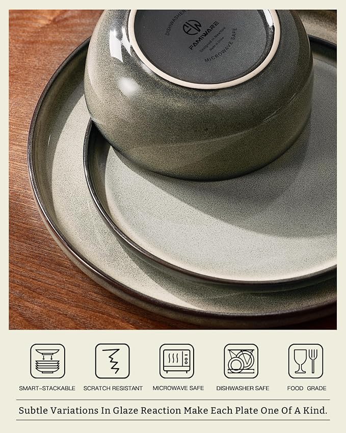 Famiware Milkyway Stoneware Dinnerware Set, 18-Piece, Double Reactive Glaze, Plates and Bowls, Service for 6, Microwave and Dishwasher Safe, Scratch-Resistant, Greenish Brown