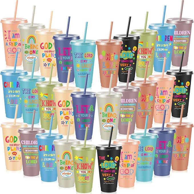 Uiifan 30 Pcs Morandi Christian Cups for Kids, 4oz VBS Pastel Reusable Plastic Tumblers with Lids Straws, Bible Verse Party Plastic Cups for Sunday School, Classroom and Holiday Gifts