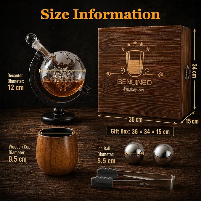 GENUINED 30oz Globe Whiskey Decanter Sets with 11oz Charred Wooden Whiskey Glass(2), Gifts for Men