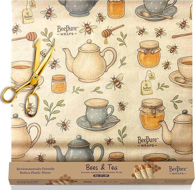 Reusable Beeswax Food Wrap Roll – Bees & Tea (15”×80”)