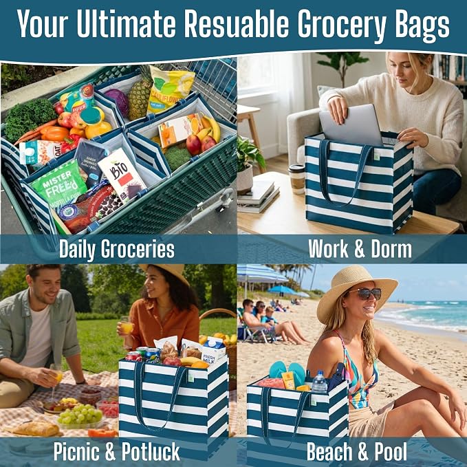 VENO 4 Pack Reusable Grocery Shopping Bags, Heavy-Duty Tote Bags with Handles, for Shopping Cart with Hard Bottom to Stand Upright, Foldable (Navy Stripe, 4 Pack)