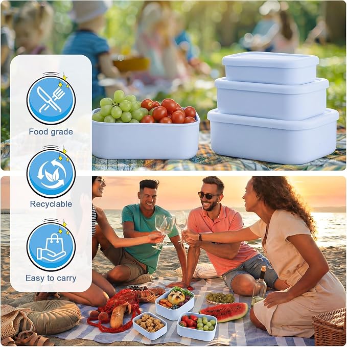 Blushtier 2 Sets of 6 Silicone Food Storage Containers, Reusable Lunch Bento Box with Lid, Hard Shell Storage Containers, Microwave Dishwasher Freezer Safe, 10 oz, 23.6 oz, 44 Ounce(Purple Blue)