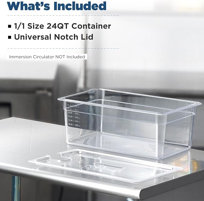 CURTA 26 Qt Extra Large Sous Vide Container with Notched Lid, 1/1 Full Size 8" Deep Polycarbonate Water Bath Tub, Fits Anova and Most Cookers (Immersion Circulator NOT Included)