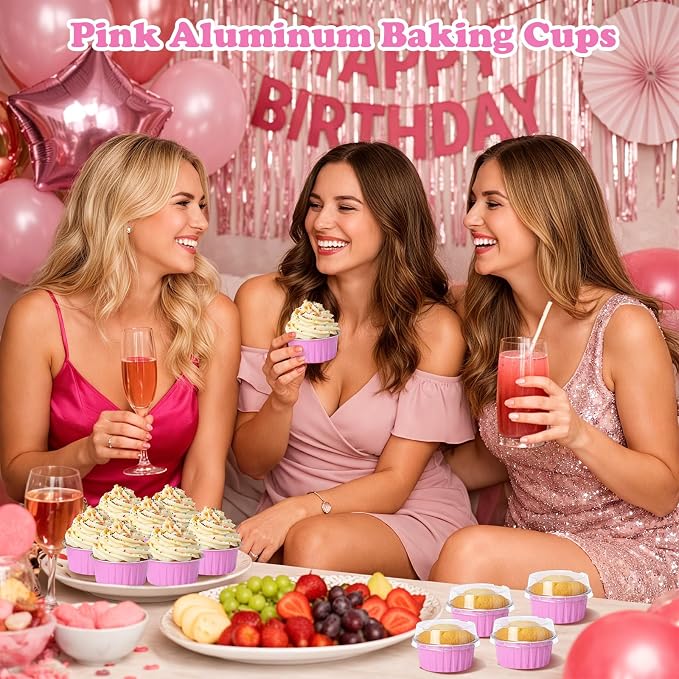 Gejoy 400 Pcs Aluminum Foil Baking Cups with Lids 5 oz Disposable Ramekins Mini Cake Pans Creme Brulee Cupcake Liners Muffin Dessert Container for Wedding Birthday Party (Classic,Dark Pink)