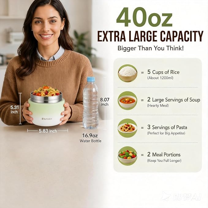 40oz Insulated Food Jar with 2 Compartments, Leak-Proof Thermo for Hot Food Wide Mouth Stainless Steel Includes Spoon and Fork Soup Thermo Lunch Containers Bento Box for Adults (Sky Blue)