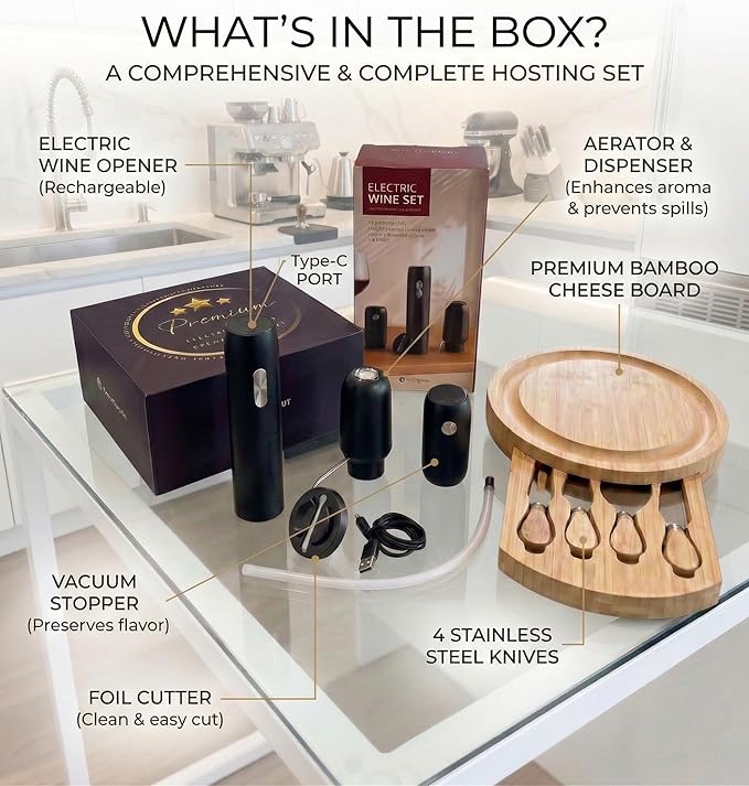 Rechargeable Electric Wine Opener Set - Includes Foil Cutter, Wine Aerator Dispenser, Electric Vacuum Stopper, Bamboo Charcuterie Board and Knives Set - Luxury Packaging for a Special Occasion