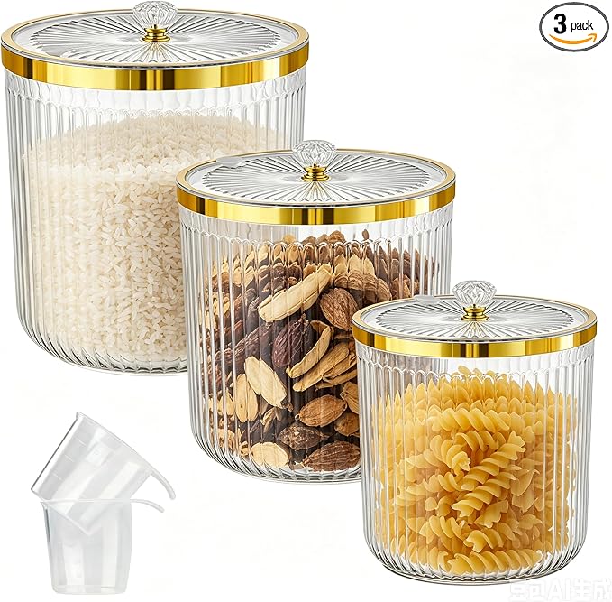 Rice Storage Container,Pantry Large Food Storage Organization with Lids&Scoop Airtight Cereal Dispenser for Flour, Sugar, Cereal, Rice, Cereal,Dry Goods,（3PC；12&7.9&5.8QT）
