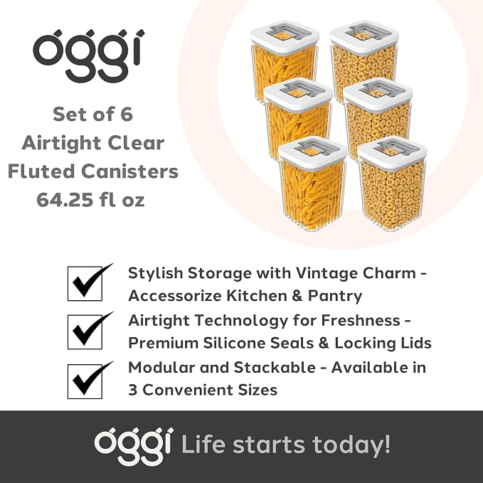 Oggi Airtight Clear Fluted Canister Set of 6 - Stackable Food Storage Containers with Lids, Vintage Modern Farmhouse Style, Kitchen Counter & Pantry Organization, Size - 6 x 64.25 fl oz / 1.6 Lt