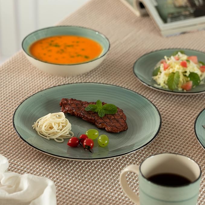 16 PC Spin Wash Dinnerware Dish Set for 4 Person | Mugs, Salad and Dinner Plates and Bowls Sets, Stylish Dishes with Highly Chip and Crack Resistant, Dishwasher and Microwave Safe, Green. QI004502.GN