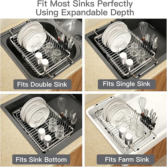 MAJALiS Dish Drying Rack Over The Sink with Utensil Holder | Expandable Stainless Steel Dish Drainer for Small Kitchen, Apartment, RV, Counter Space Saving, Perfect Fit, Rustproof