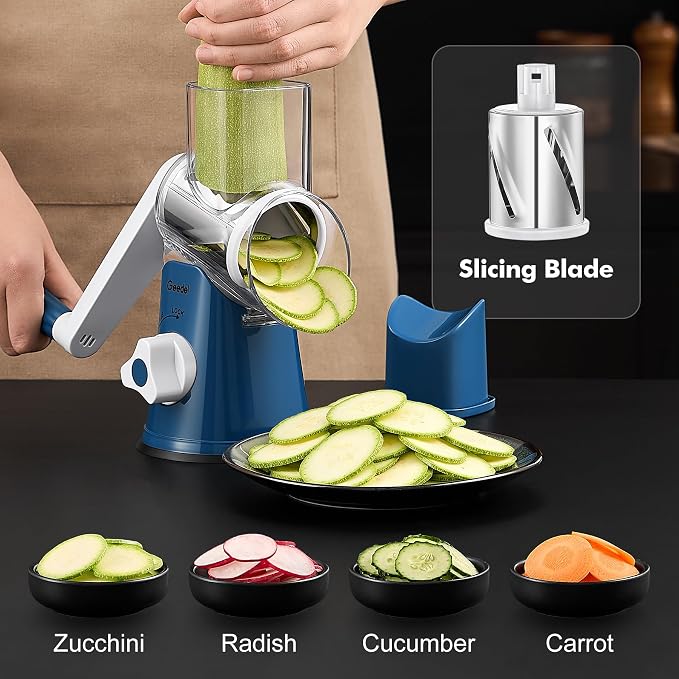Geedel Rotary Cheese Grater, Kitchen Mandoline Vegetable Slicer with 3 Interchangeable Blades, Easy to Clean Rotary Grater Slicer for Cheese, Vegetables, Nuts