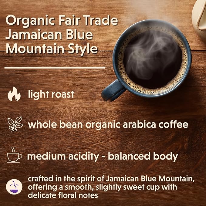 Coffee Bean Direct Organic Fair Trade Jamaican Blue Mountain Style, Whole Bean Coffee, Arabica Blend, Light Roast, 1 Pound Bag (Pack of 1)