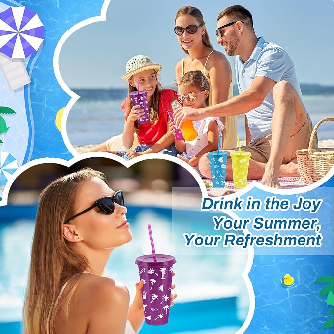 Kochorie 48 Pieces 24 oz Hawaiian Party Cups Luau Tumbler Cups with Straw and Lid 6 Design Reusable Plastic Travel Mug Cup for Hawaiia Party Favors, Luau Party, Tiki Party