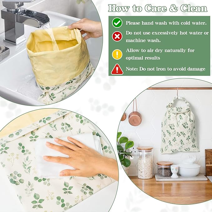 Reusable Beeswax Bread Bags - 3 Pack Bees Wax Food Bag, Homemade Sourdough Bread Storage with Bowl Cover, Linen Cotton Large Beeswax Freezer Container for Home Kitchen (Eucalyptus Leaf)