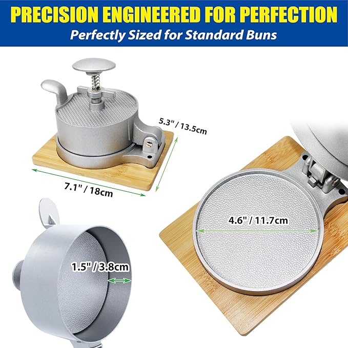 Heavy Duty Hamburger Press Patty Maker, Adjustable 1/4 to 3/4 lb Meat Mold, Detachable Spring Plunger with Bamboo Base, Shape Perfect Burgers in 1-Sec for Daily Meals & BBQ