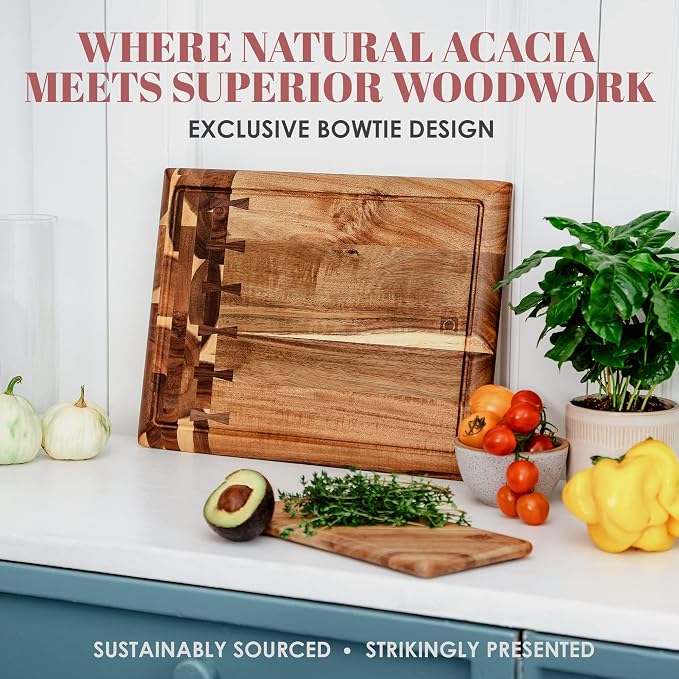 Acacia Wood Cutting Board for Kitchen and Home - Beautiful Large Butcher Block Chopping Board, Sustainable Wood, Juice Groove - Doubles as 3 Compartment Serving Board - 17 x 13 x 1.5"