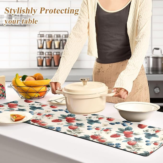Vintage Strawberry Blueberry Trivet Table Runner Heat Resistant 230F for Hot Dishes Pots Plates Kitchen Dining Table Protector Decorative 39.37 X 11.8 Inch