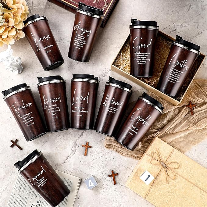 Meanplan 10 Set Christian Church Gift Bible Verse Tumbler Bulk 17oz Coffee Cup Religious Inspirational Tumbler for Women Men Friend Church Member Grandparents Pastor Clergy(Wood, Bible Words Theme)