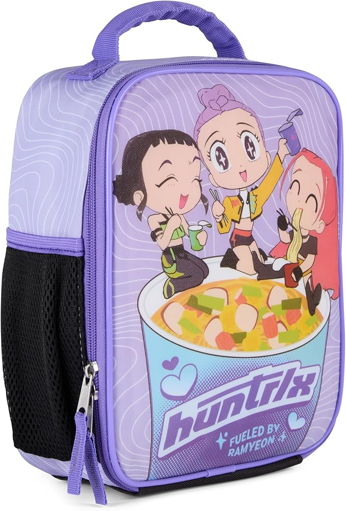 K-Pop Demon Hunters Huntrix Fueled by Ramyeon Lunch Box, Full Zip Around Insulated Lunch Tote Bag For Hot and Cold Food, Purple