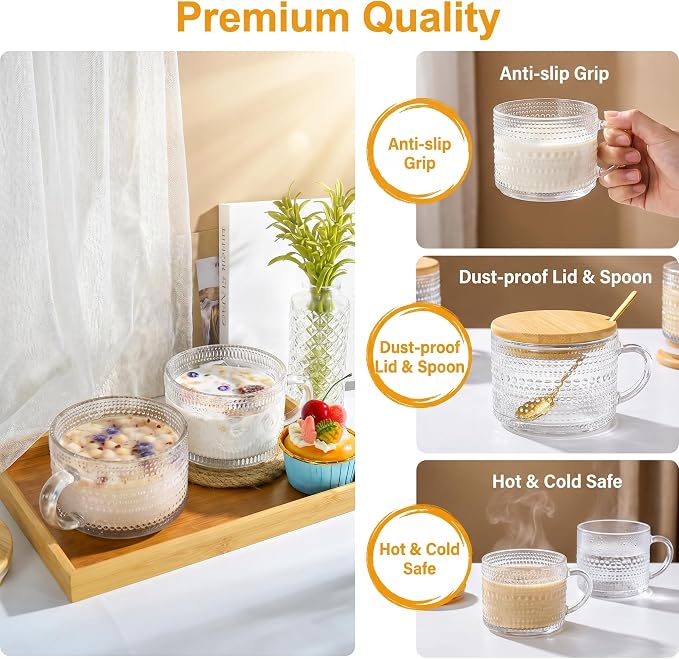 14oz Glass Coffee Mugs with Lid Set of 6 Vintage Glass with Spoon | Set of 6, Hobnail Sunflower Style, Includes Handle, Includes Spoon