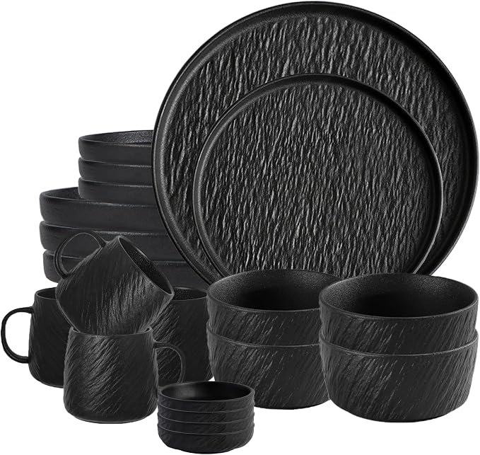 Ceramic Dinnerware set with Mugs for 4, 20 pcs, Dish set for 4 | Porcelain Plates and Bowls Cup Set for Kitchen, Black Dishware Sets Stoneware Dinner Plates Sets Platos de Cocina Vajilla