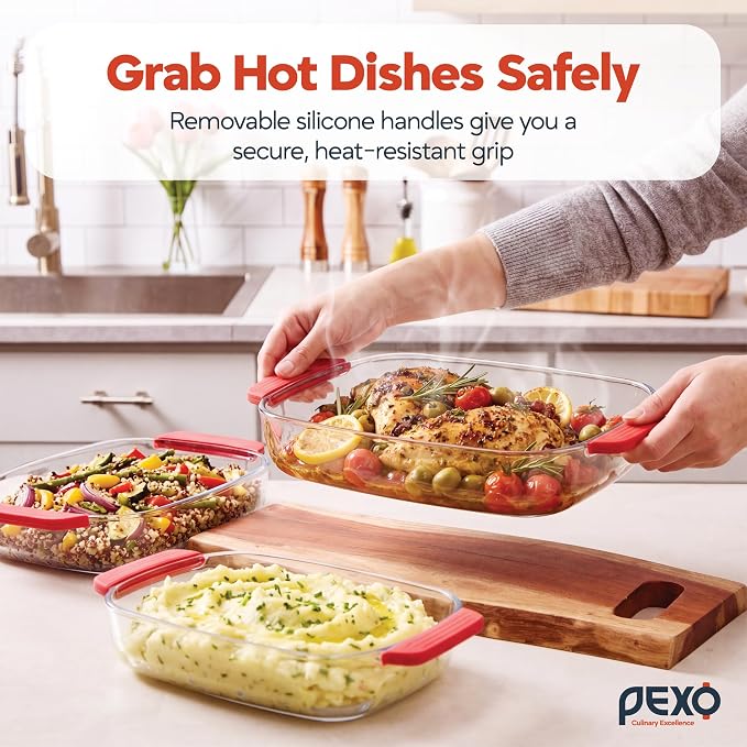 6-Piece Deep Glass Baking Dishes with Plastic Lids, Clear Glass Bakeware with Silicone Handles, (2.11QT, 3QT, 4.12QT) Casserole Dishes, Oven Dishwasher and Freezer safe, Rectangular Stackable Nesting Baking Dish set (Red)