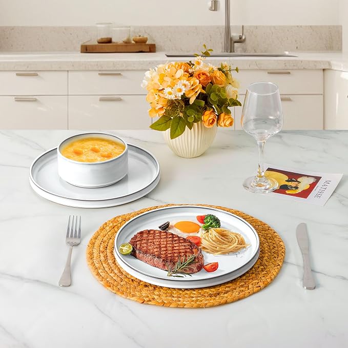 LIANYU Stoneware Dinnerware Dishes Sets for 4, 12 Piece Ceramic Plates and Bowls Dishware Set for Pasta Dessert Cereal, Rustic Terracotta Bottom, Microwave & Dishwasher Safe, Lucent White